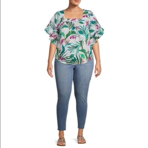 Terra & Sky NWT Square Neck Peasant Top Lavender Print 1X Tropical Resortwear - Picture 14 of 14